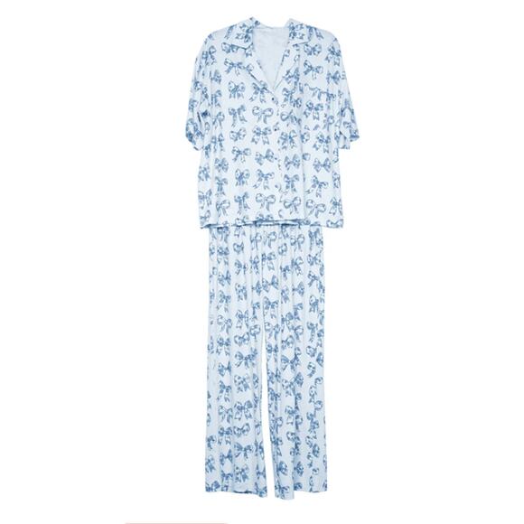 LIGHT BLUE TOILE COQUETTE BOWS LOUNGE PANTS SET - Picture 3 of 3